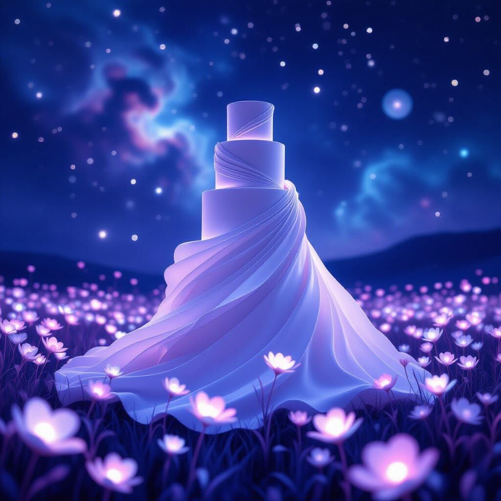 Ethereal Stardust Wedding Cake with Bioluminescent Flowers