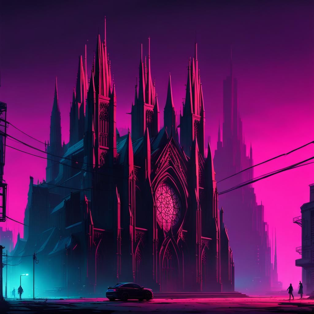 Gothic Cathedral in a Neon Cyberpunk Cityscape