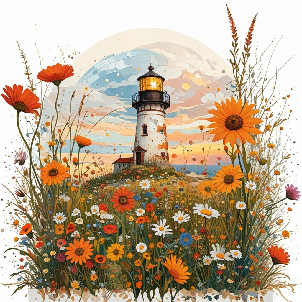 Wildflowers by Lighthouse at Sunset, Klimt-Inspired Mosaic