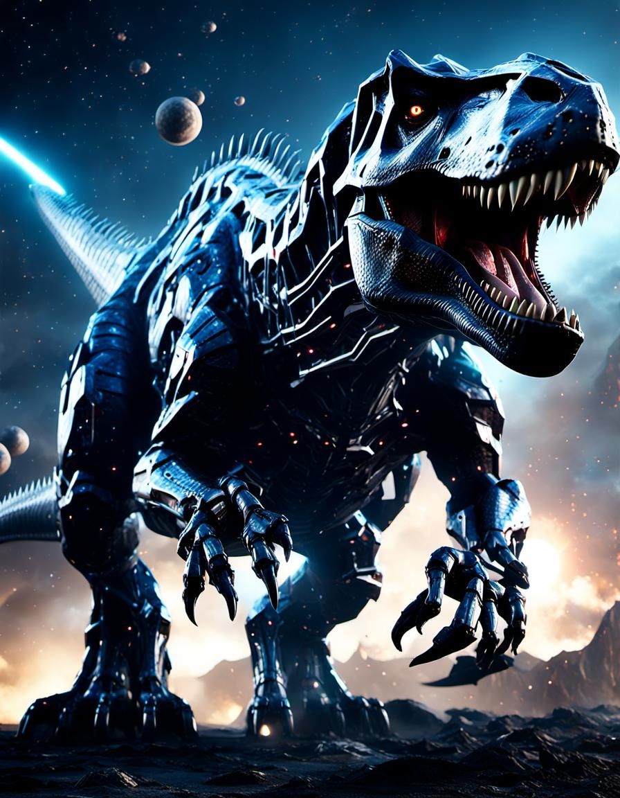 Cybernetic T-Rex Devouring Galaxy in Sci-Fi Style