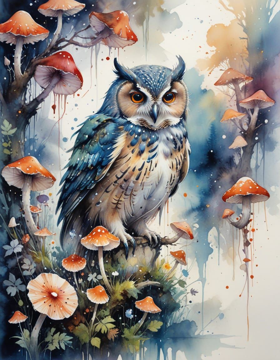 Owl in Moonlit Mushroom Grove: Stylized Watercolour