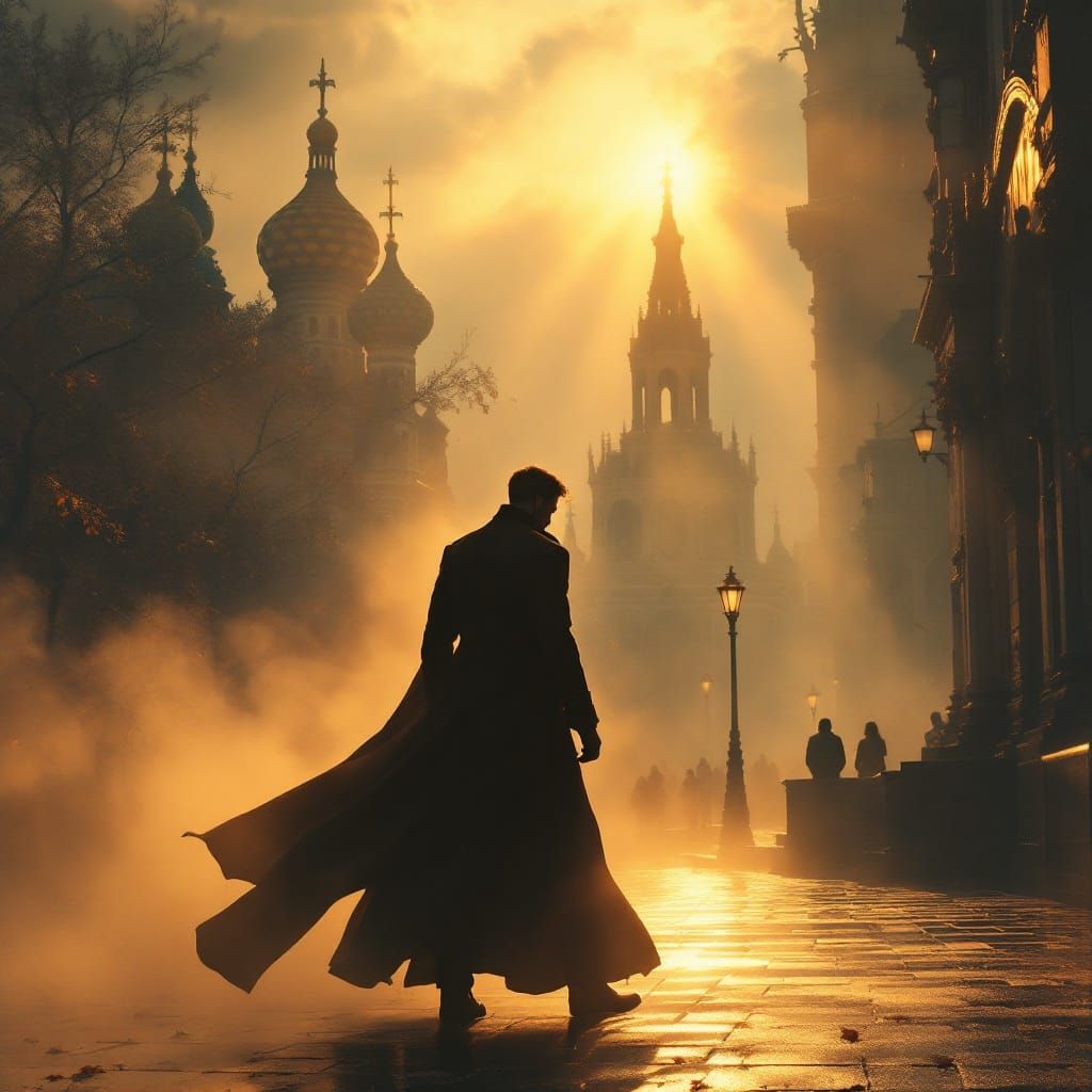 Majestic Autumn Figure Shrouded in Mystical Fog