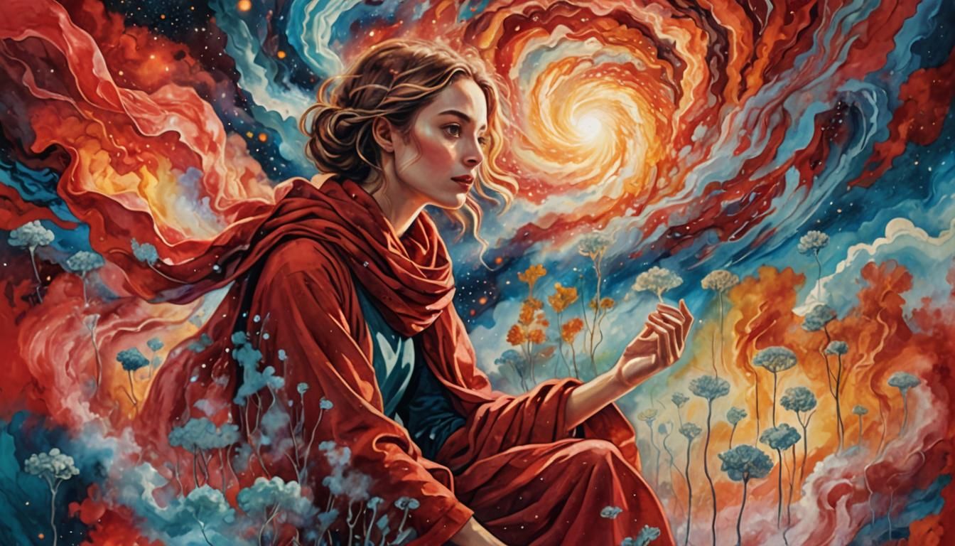 Young Woman in Red Scarf: Astral Abstract Expressionism