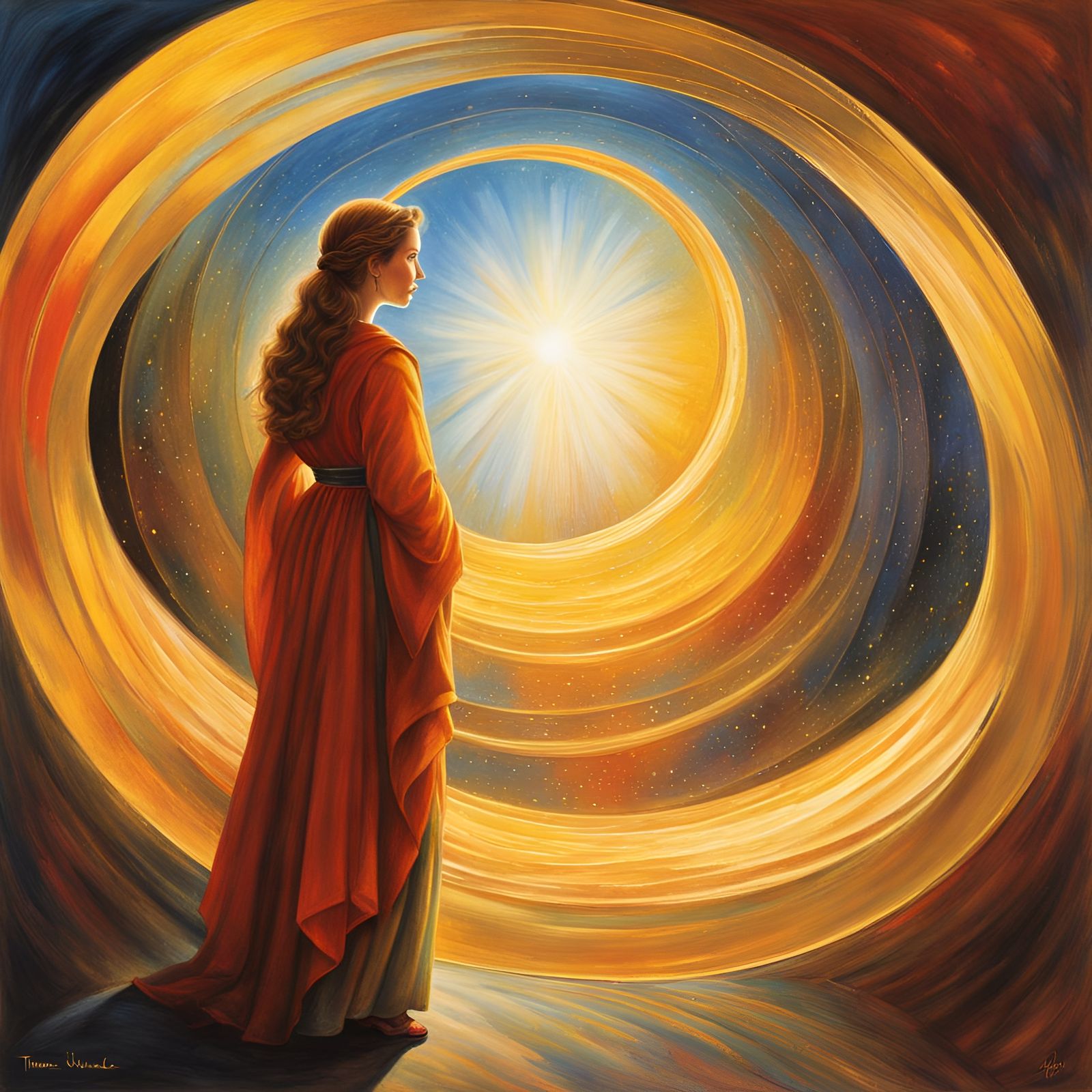 Woman in Time Tunnel with Radiant Light