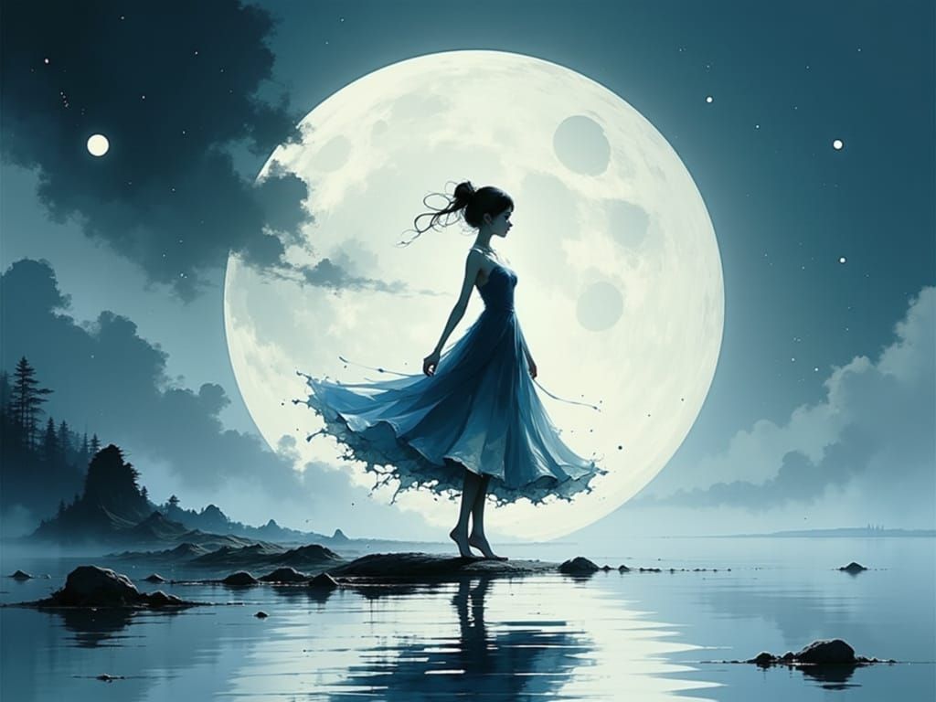 Dreamy Goddess Dancing on Water Beneath a Silver Moon