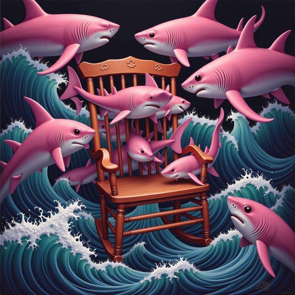 Vibrant Geometric Waves Unleash Pink Sharks on a Rocking Cha...