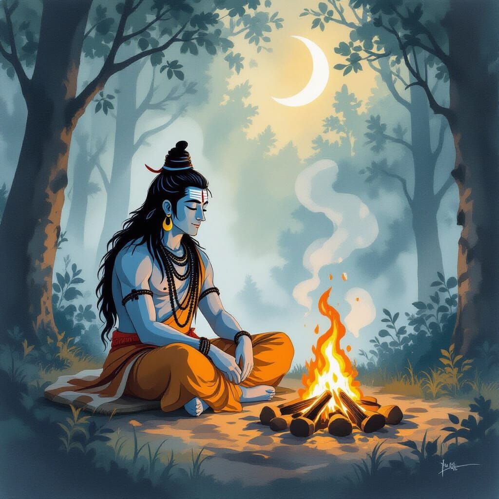 Lord Shiva Contemplation in Ghibli-Style Forest