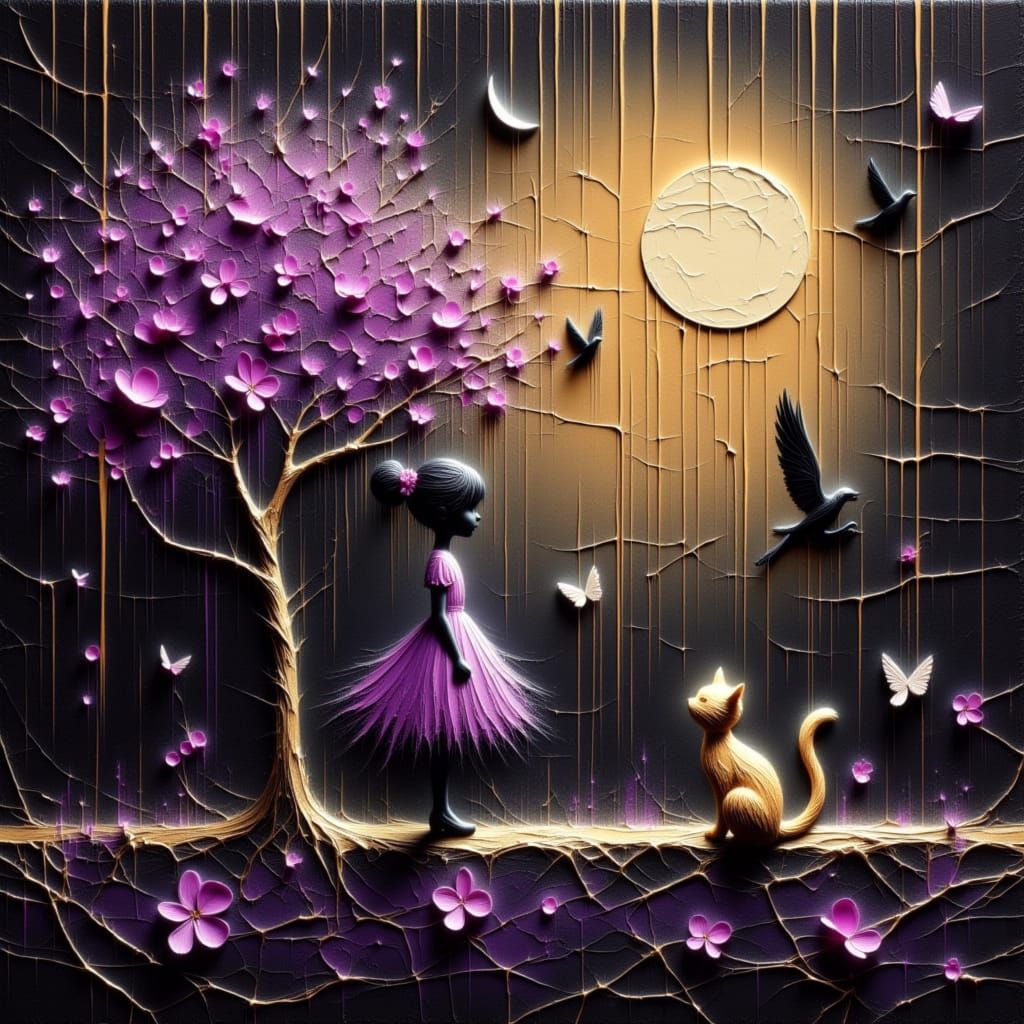 Girl, Cat, and Moon Silhouette with Cherry Blossoms