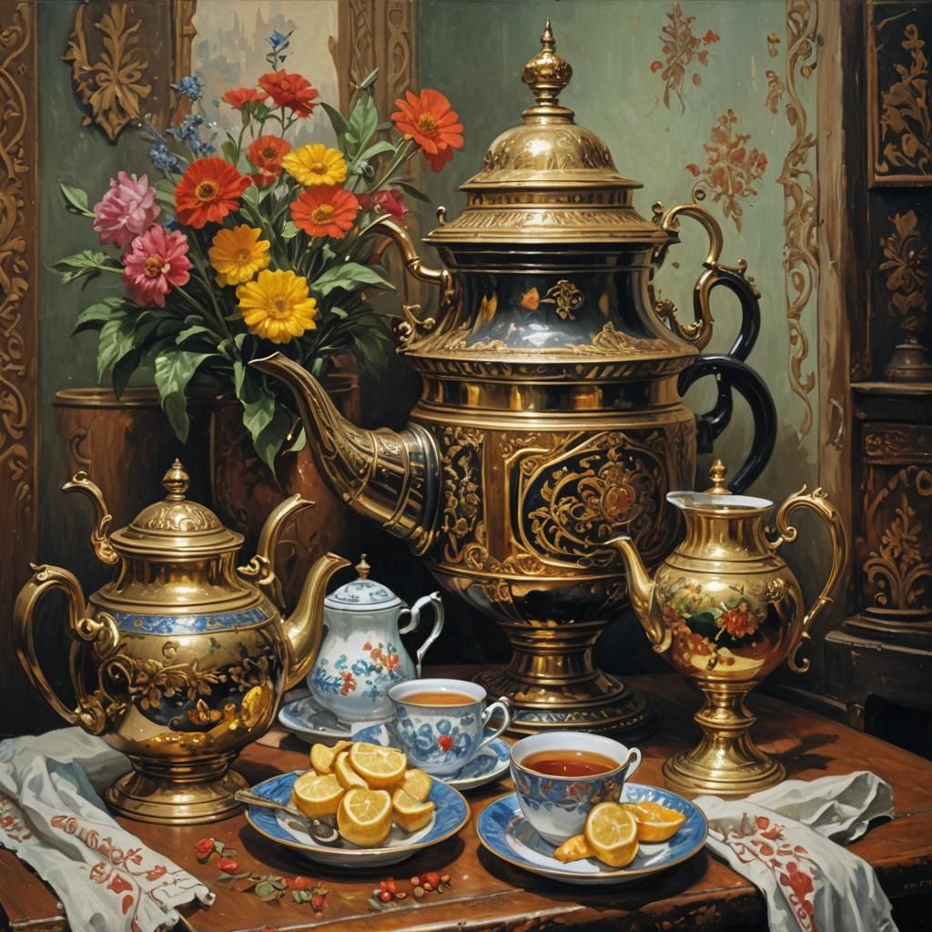 Russian Tea Samovar in Oil Painting Style