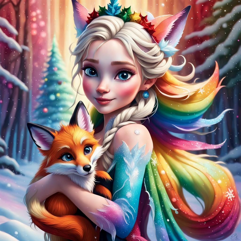 Hyperrealistic Rainbow Fairy with Christmas Fox