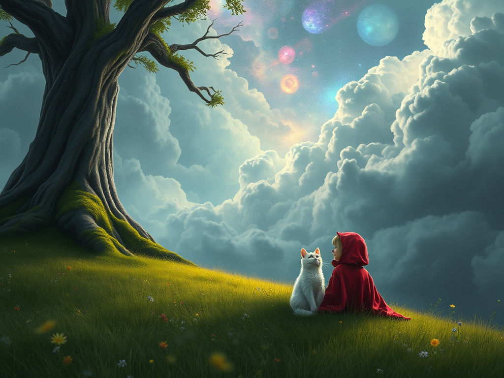 Girl and Cat Gazing at Nebula in Digital Painting