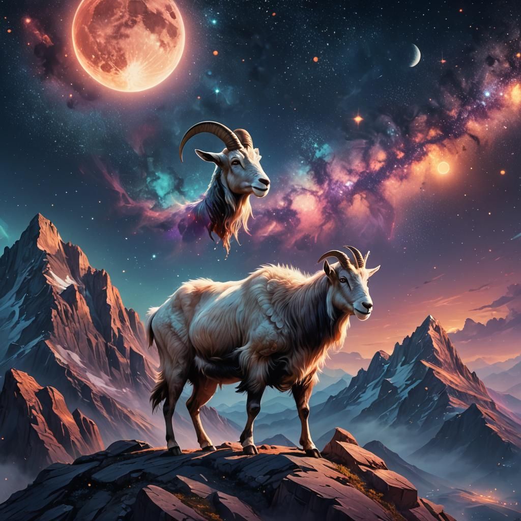 Majestic Goat on Mountain Peak in Space