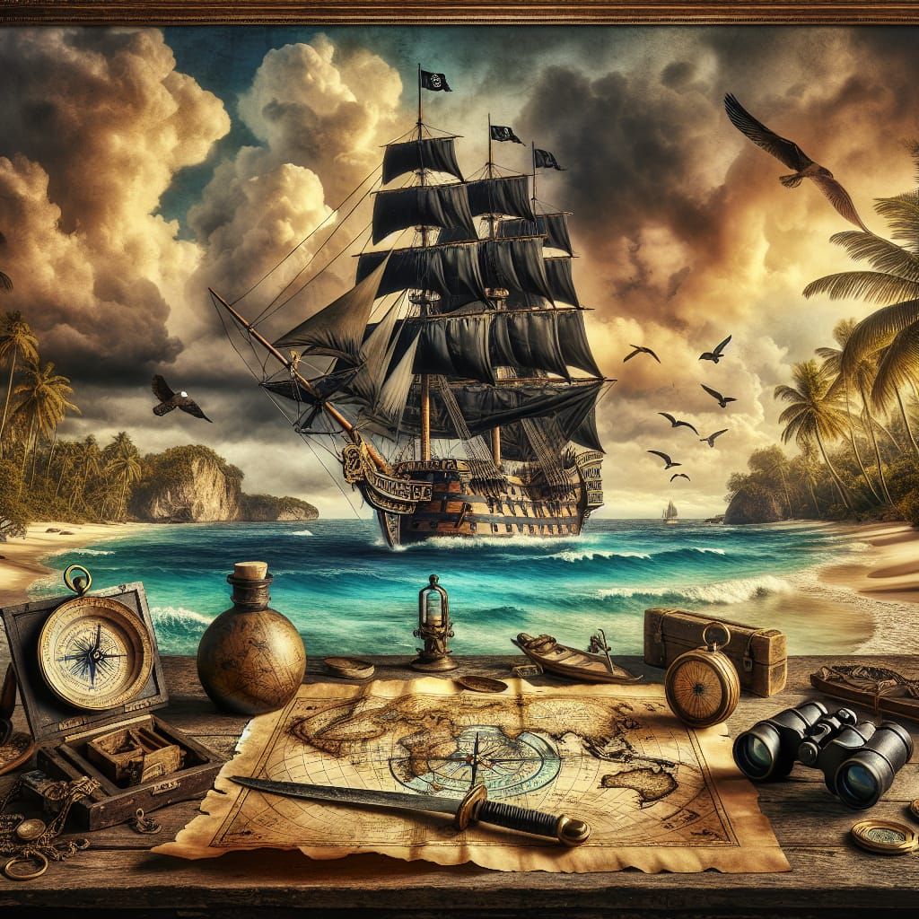 Baroque Pirate Ship in Golden Caribbean Waters