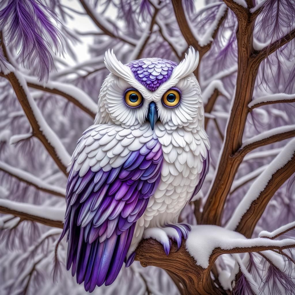 Icy Pearl Owl Sculpture with Purple Details
