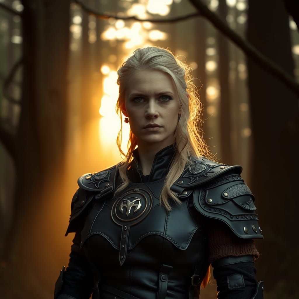 Fierce Blonde Warrior in High Fantasy Forest