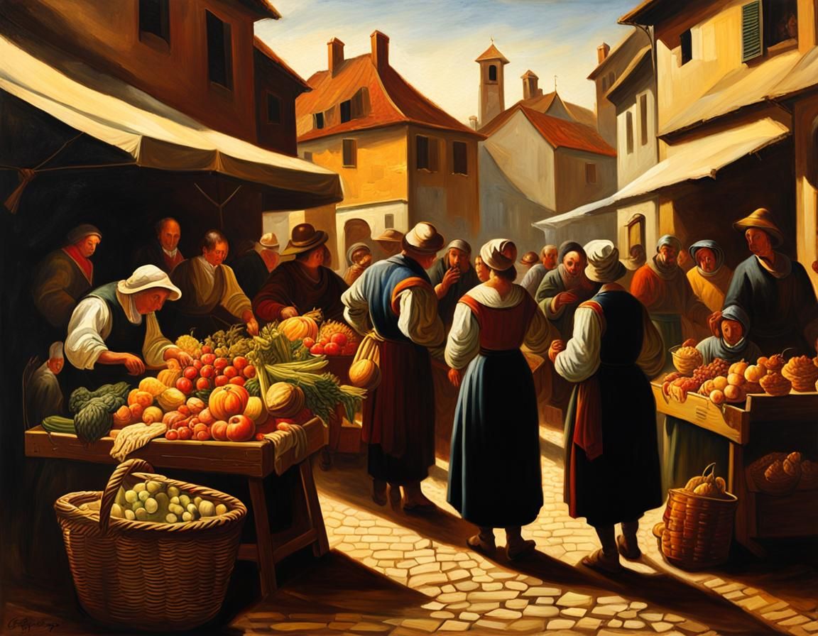 Vibrant Medieval Market Scene in Rich, Warm Colors