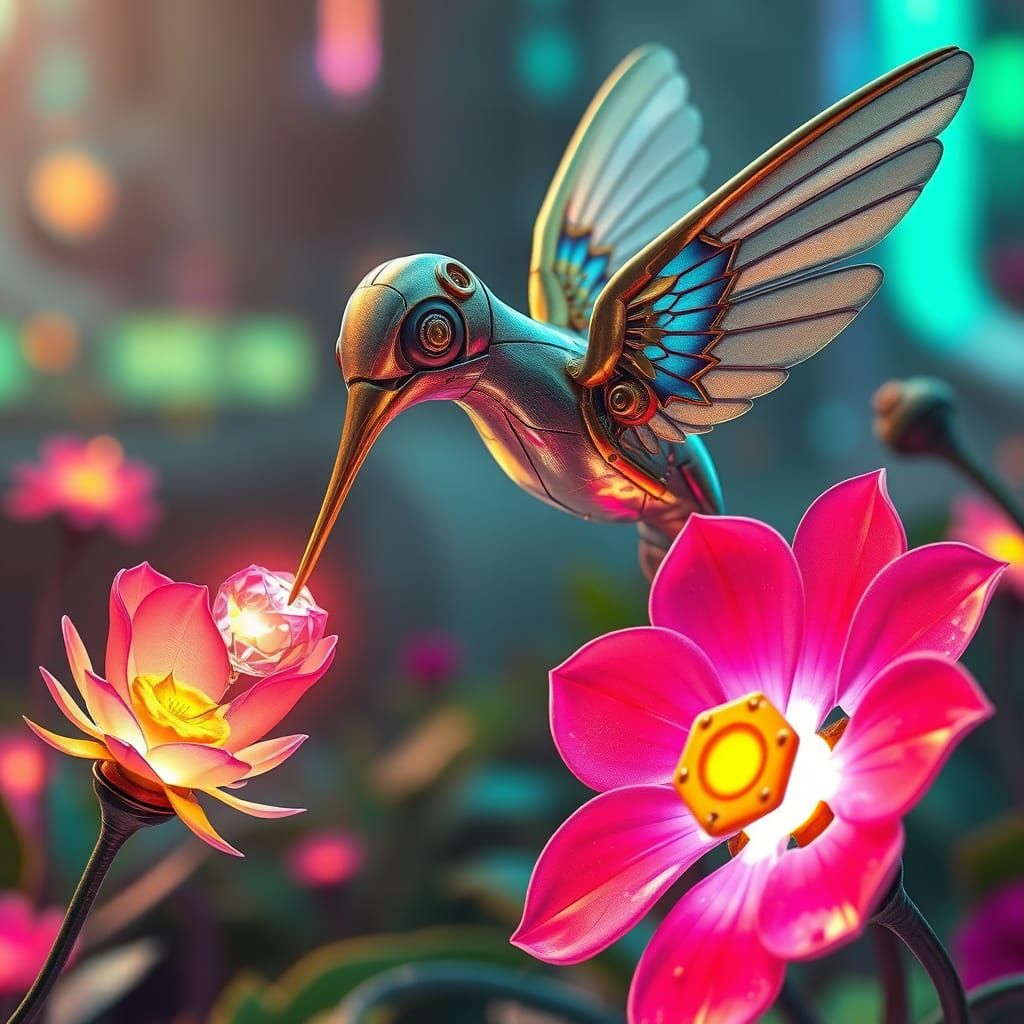 Mechanical Hummingbird in Cyberpunk Garden