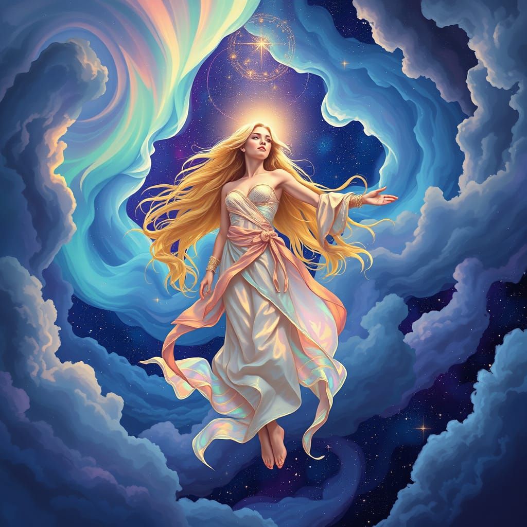 Blond Goddess Radiates Cosmic Beauty in Galactic Sky