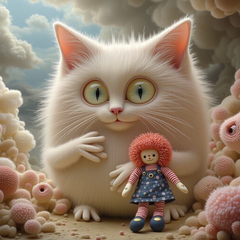 Ragdoll Cat with Raggedy Ann Doll in Surreal Scene