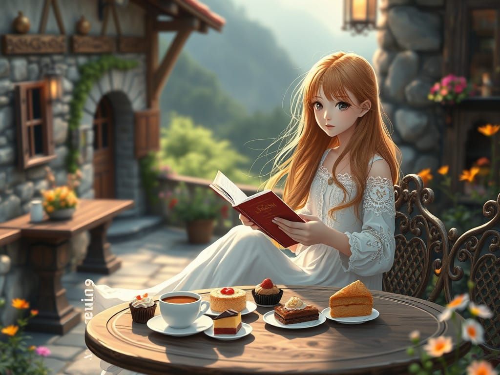 Girl in Anime Style Reading on Mountain Café Terrace
