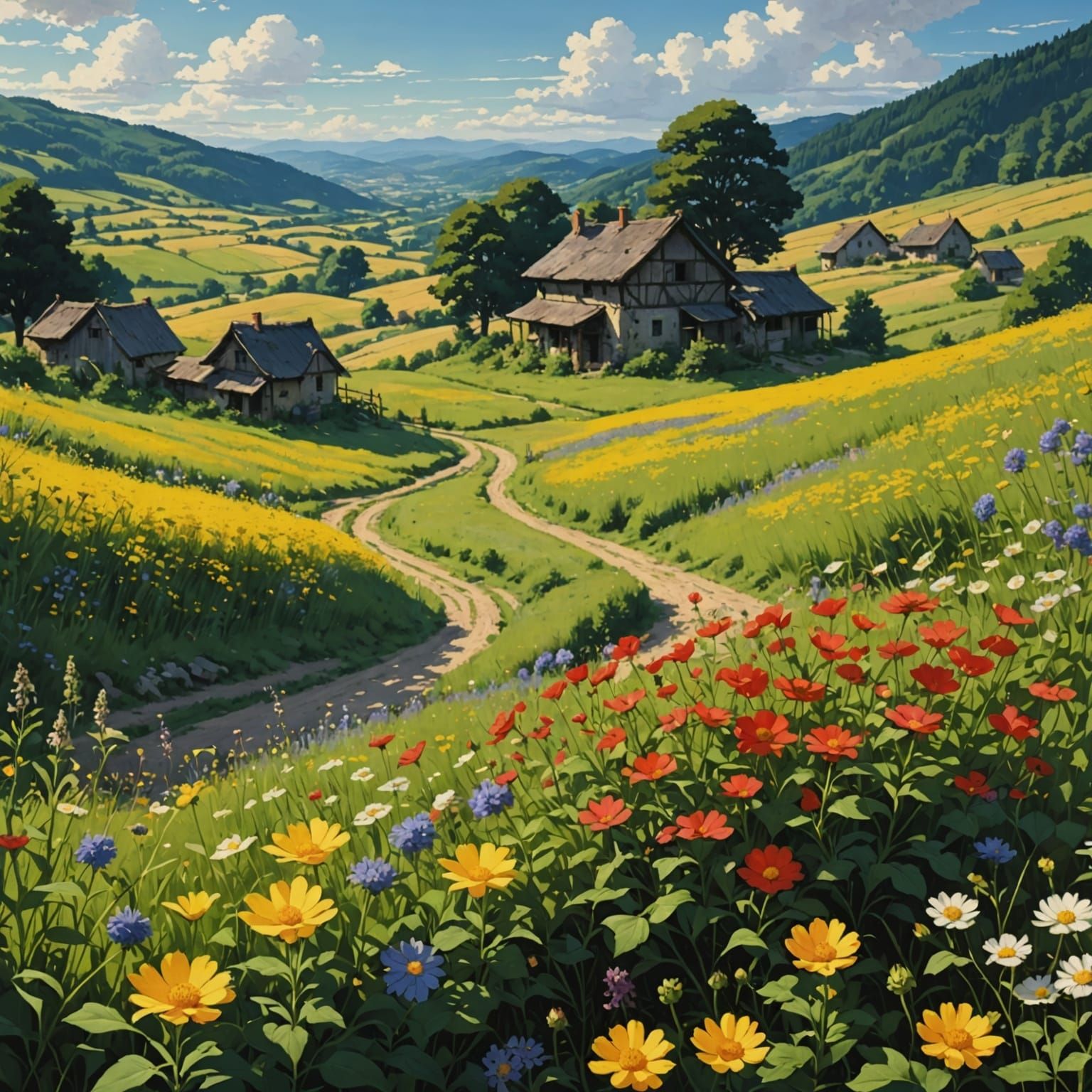 Anime Countryside Road in Chiaroscuro Lighting