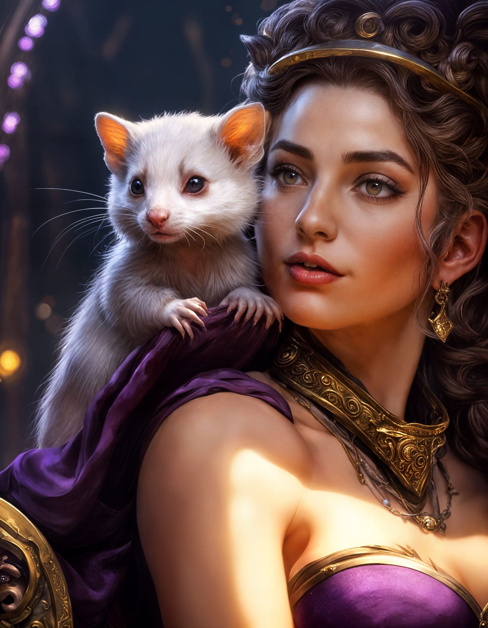 Halfling Bard and Ferret Portrait in Dark Fantasy Style