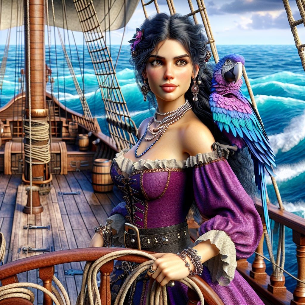 Disney Pixar style 3D gorgeous female pirate, wearing bright purple and pearls, with a blue parrot with bright blue feat...
