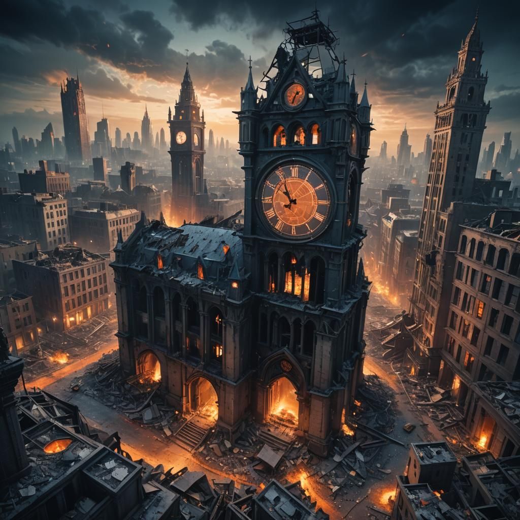Gothic Clock Tower in Dystopian Cityscape