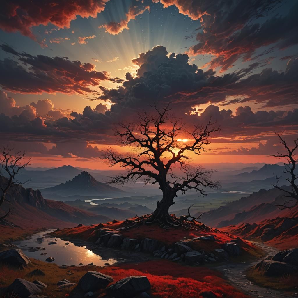 Dramatic Sunset Landscape in Digital Matte Painting Style