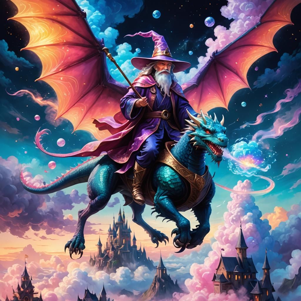 Wizard on Dragon in Iridescent Fantasy Dreamscape