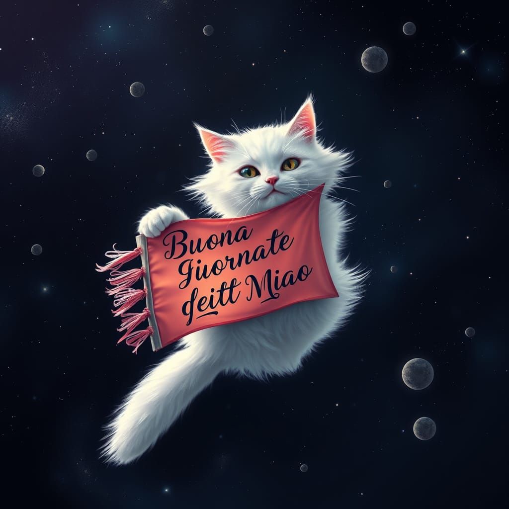 Majestic White Cat Floats in Space with Vibrant Flag