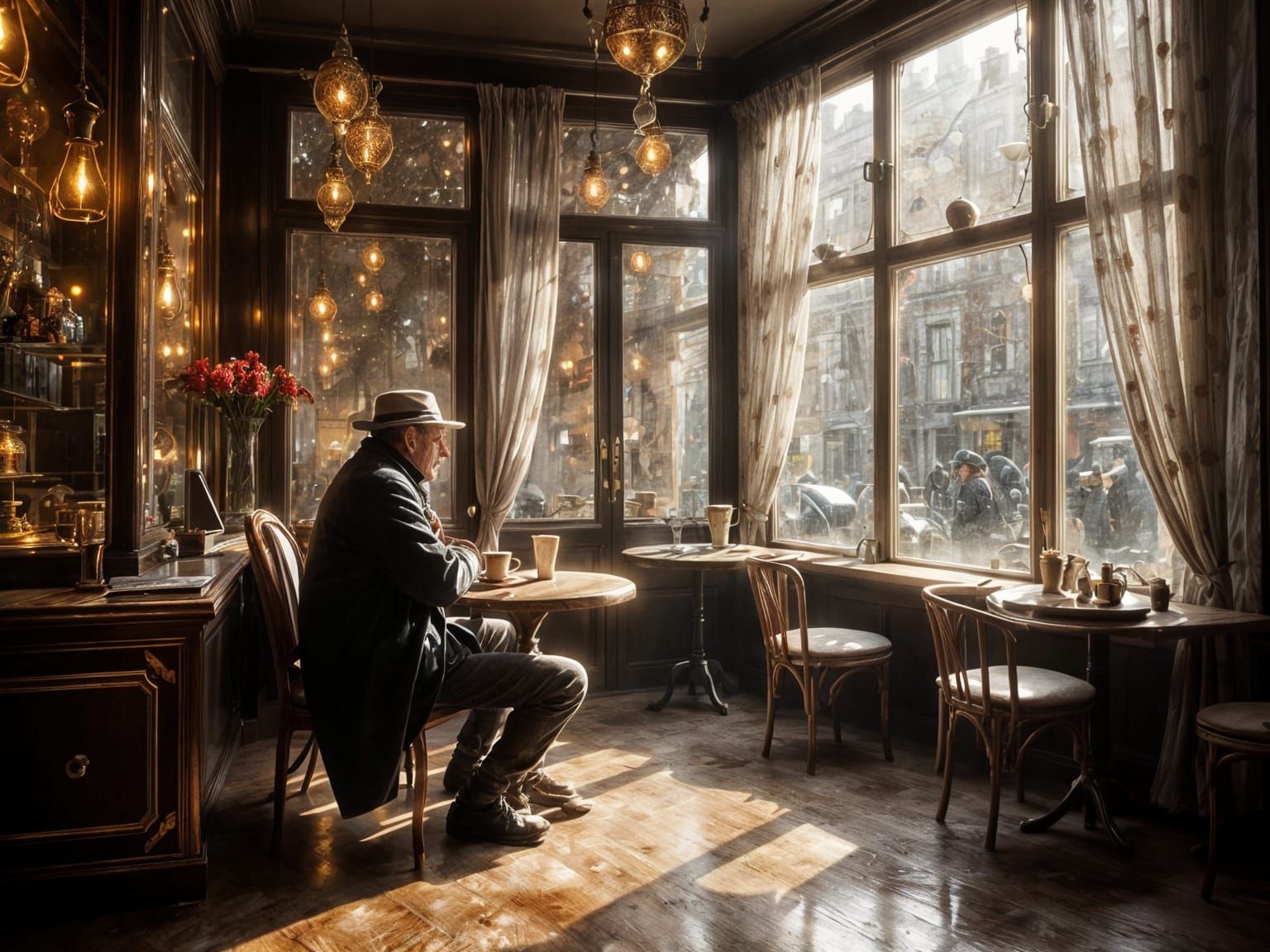 Man Waits in Quiet Cafe, Digital Painting in 18th Century St...