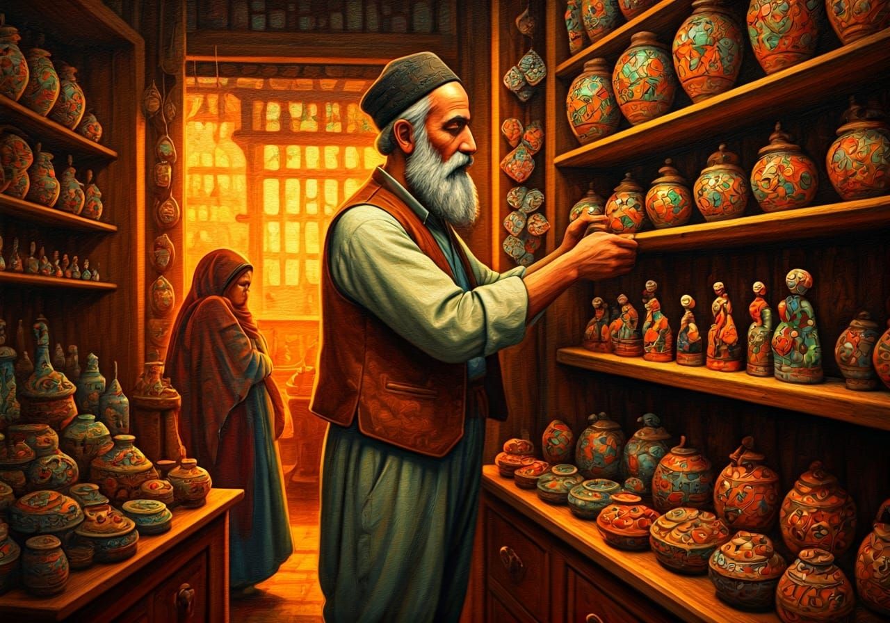 Persian Shopkeeper Arranges Figurines: Folk Art Style
