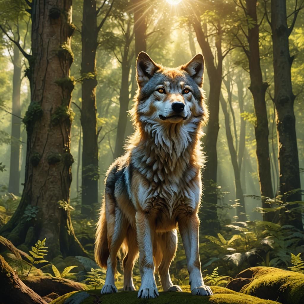 Golden Wolf Family in Sunlit Forest, Fantasy Art