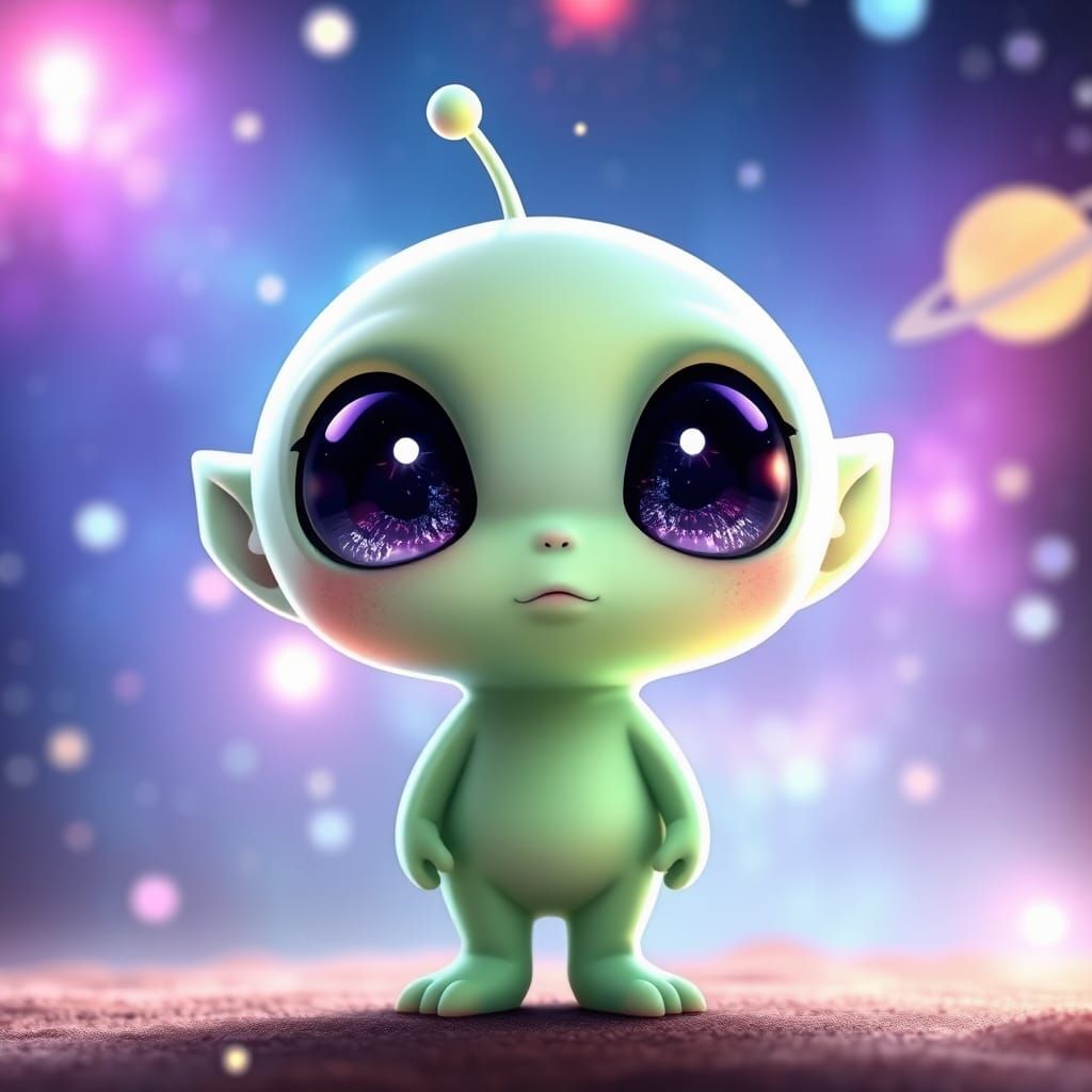 An anime-style cute alien, large sparkling eyes, pastel gree...