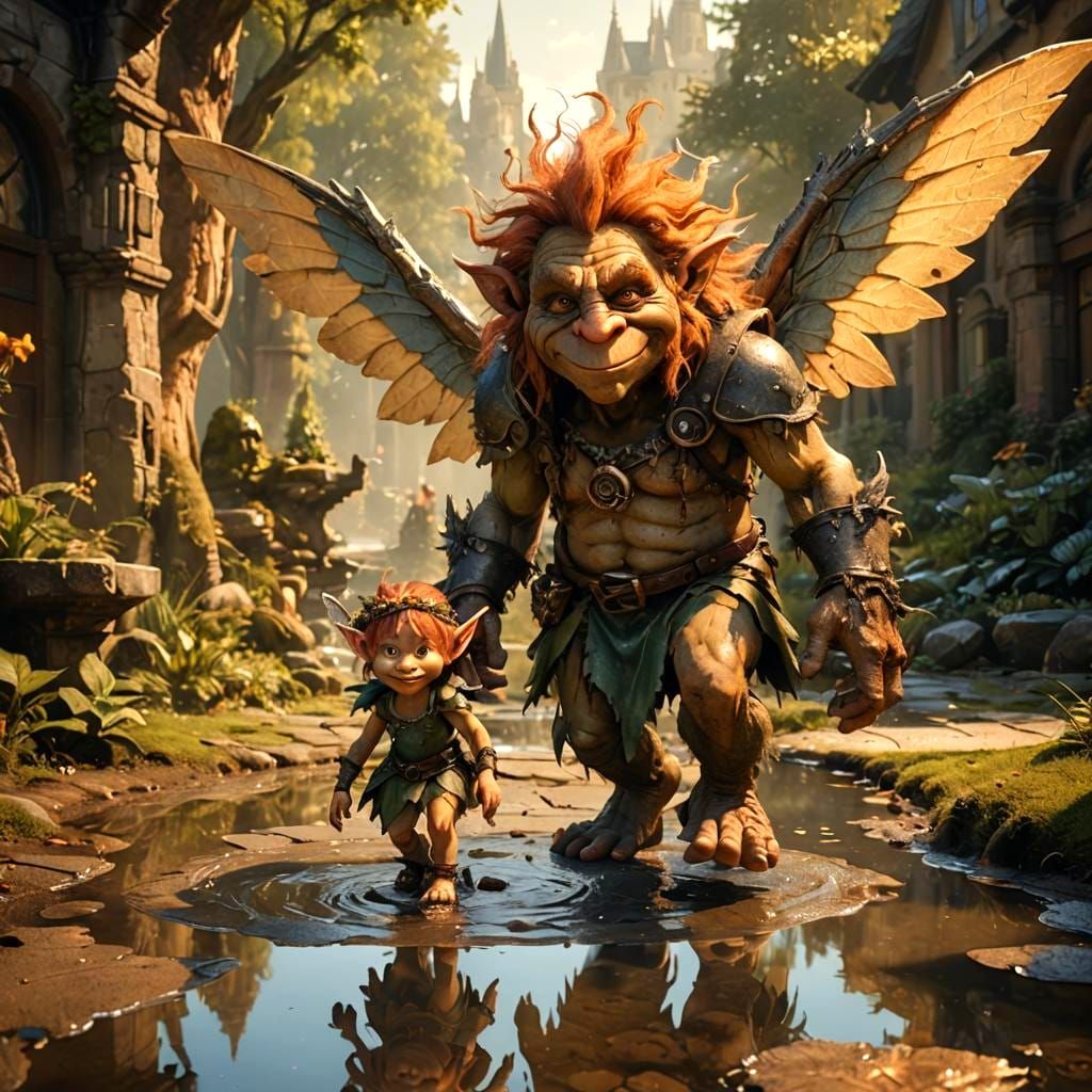 Whimsical Fairy and Troll Friendship in Copper Tones