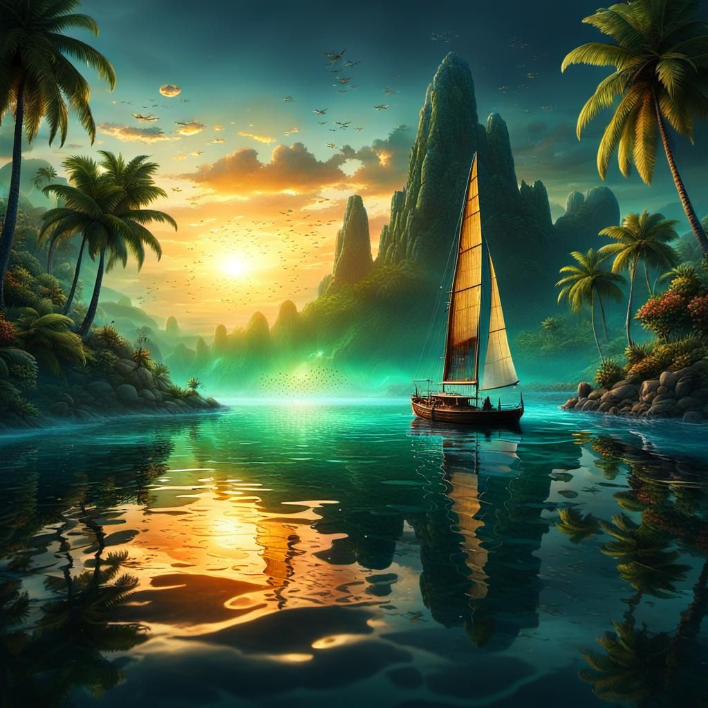 Sunset Sailboat in Lagoon: Fantasy Concept Art