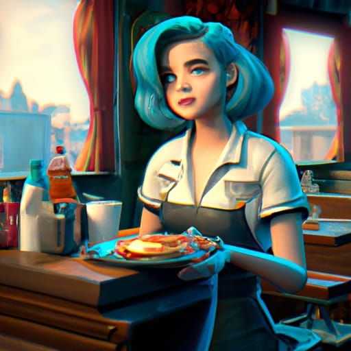 1950s Diner Waitress in Detailed Matte Painting