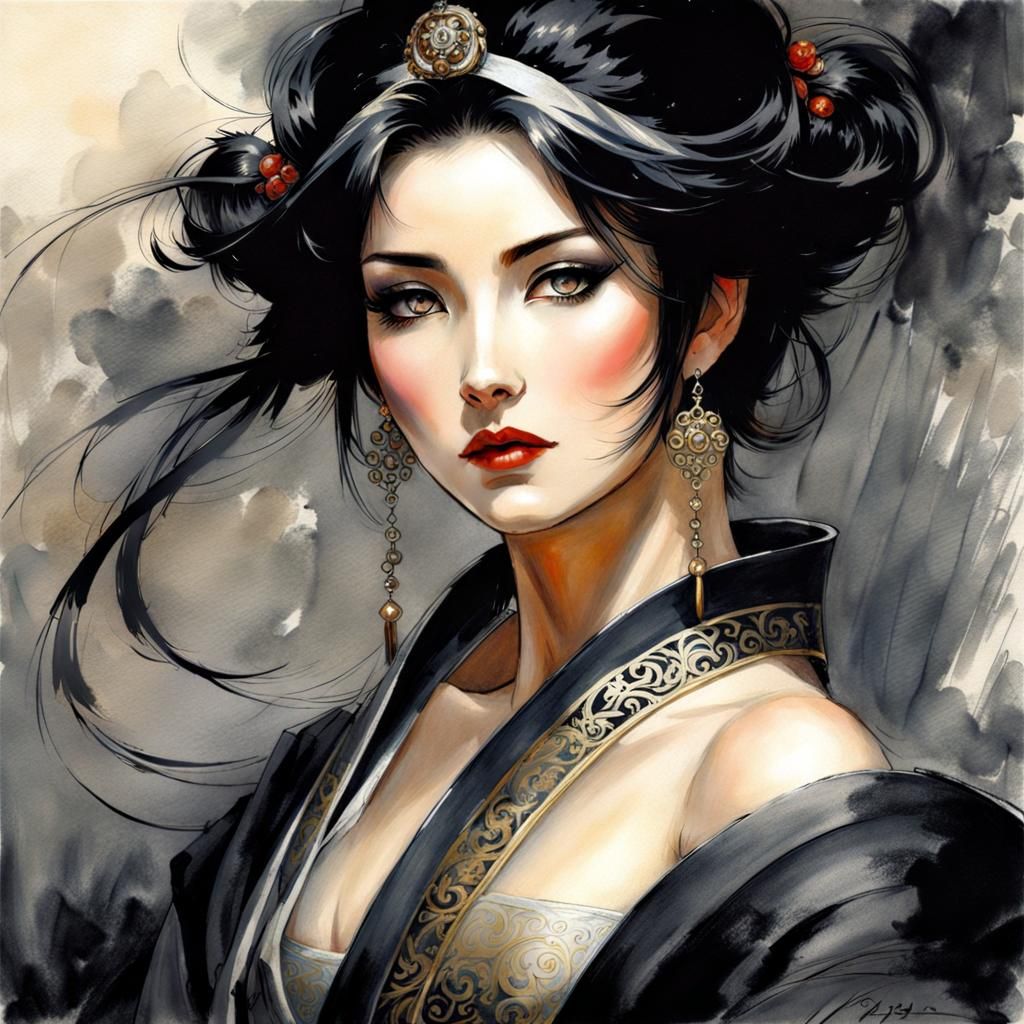 Medieval Japanese Noble Woman in Gothic Ink