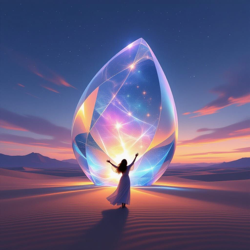 Lady reaching out towards a shimmering glass sculpture in th...