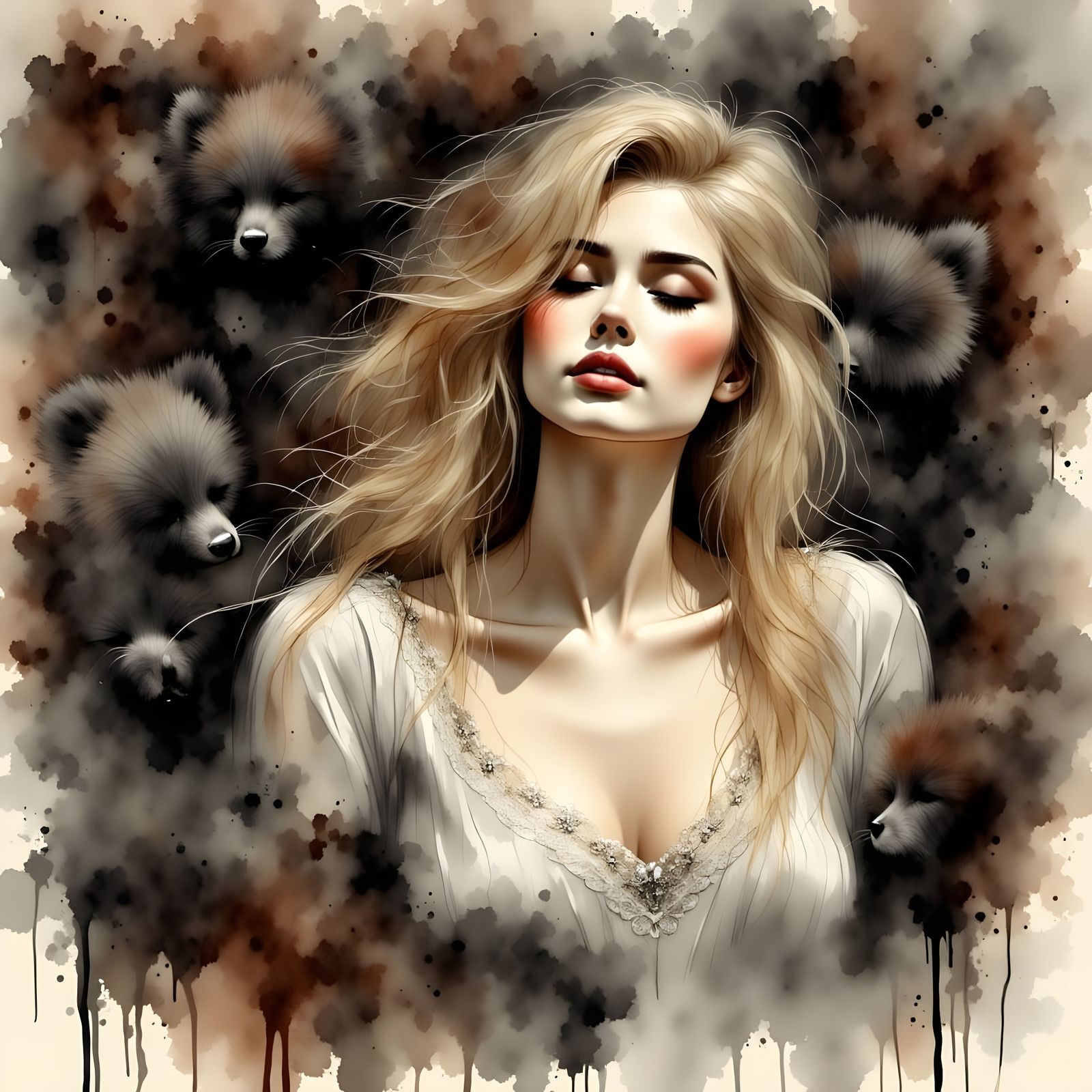 Norse Goddess Slumbers Among Furs in Soft Watercolor