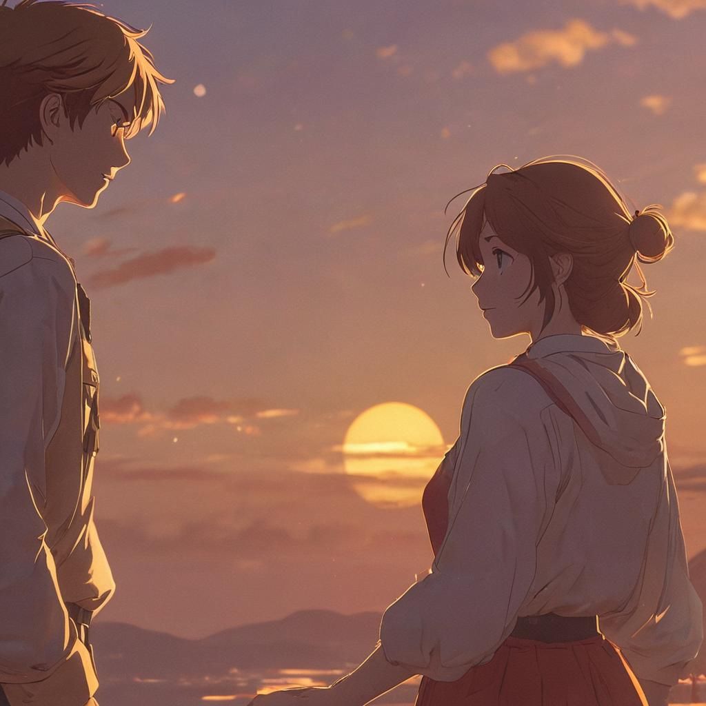 Anime Couple Holding Hands at Sunset