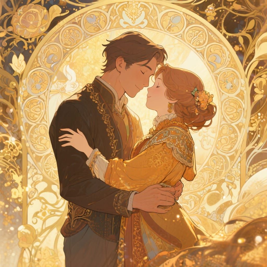 Romantic Couple Embrace in Art Nouveau Style