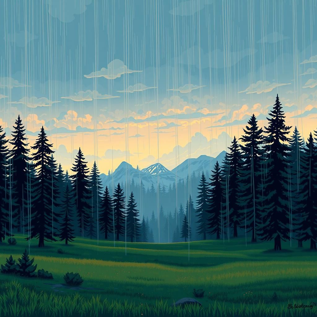 Pixel Art Pine Forest Meadow at Dawn