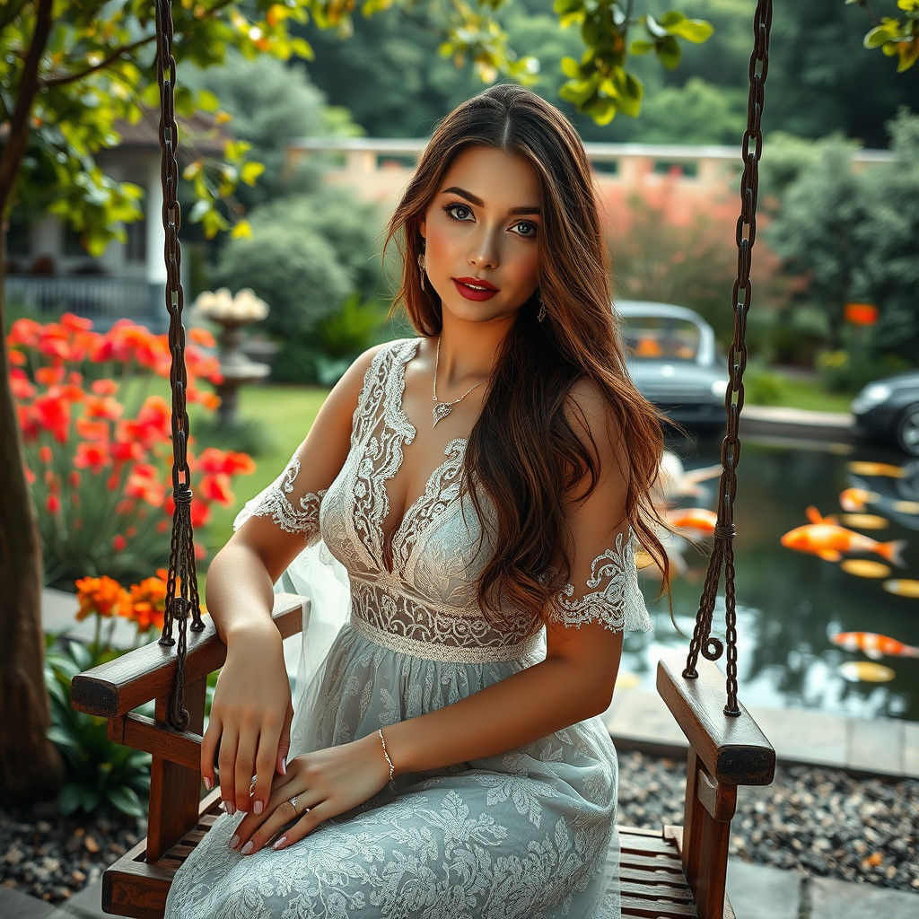 Elegant Woman on Swing in Surreal Garden