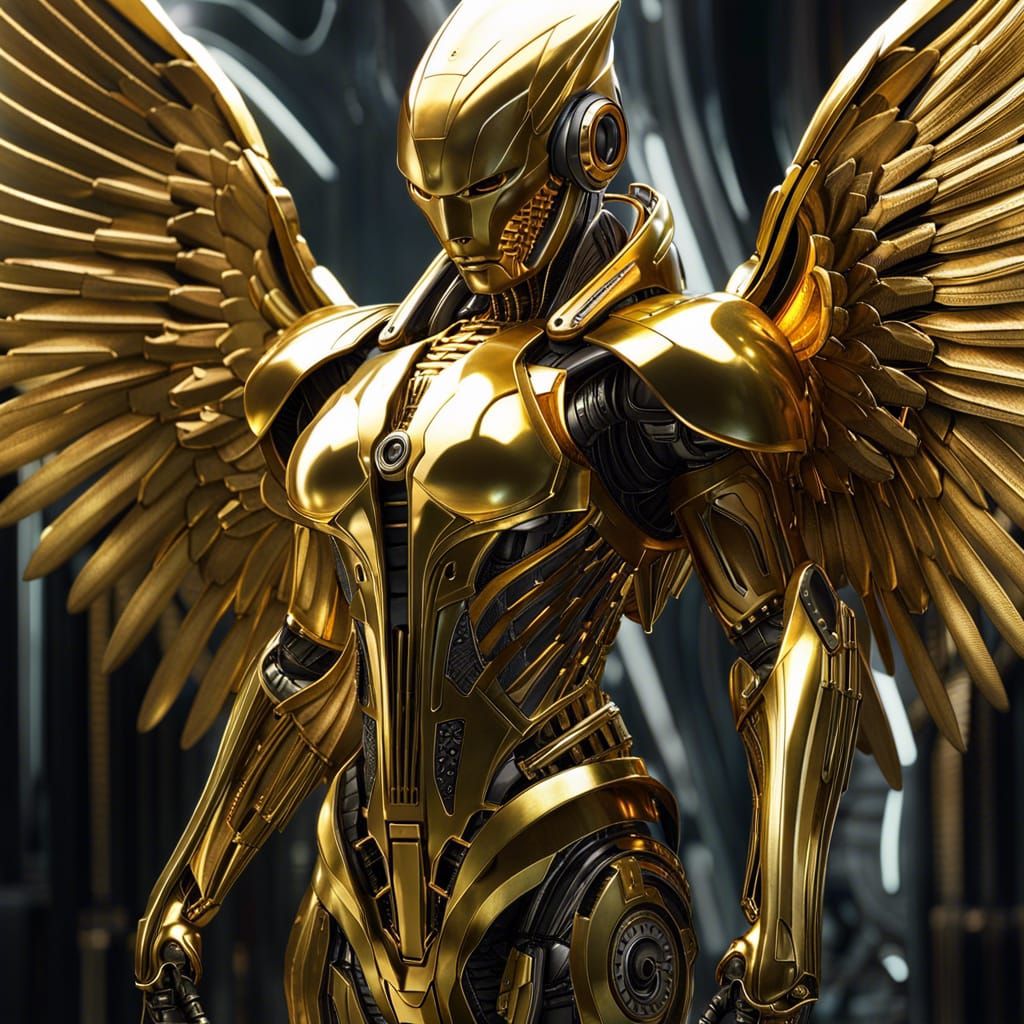 Golden Cyborg Guardian Angel in Sci-Fi Style