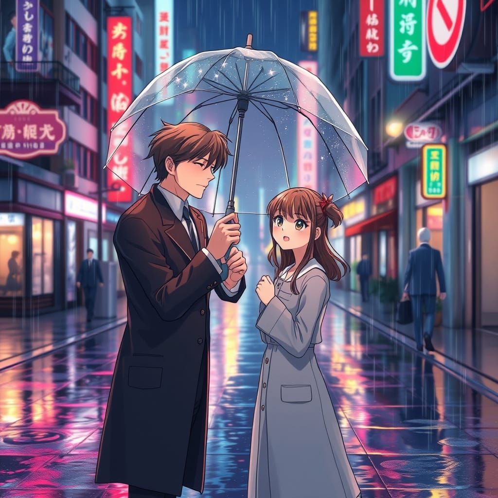 Elegant Man Shields Young Woman from Rainy Night