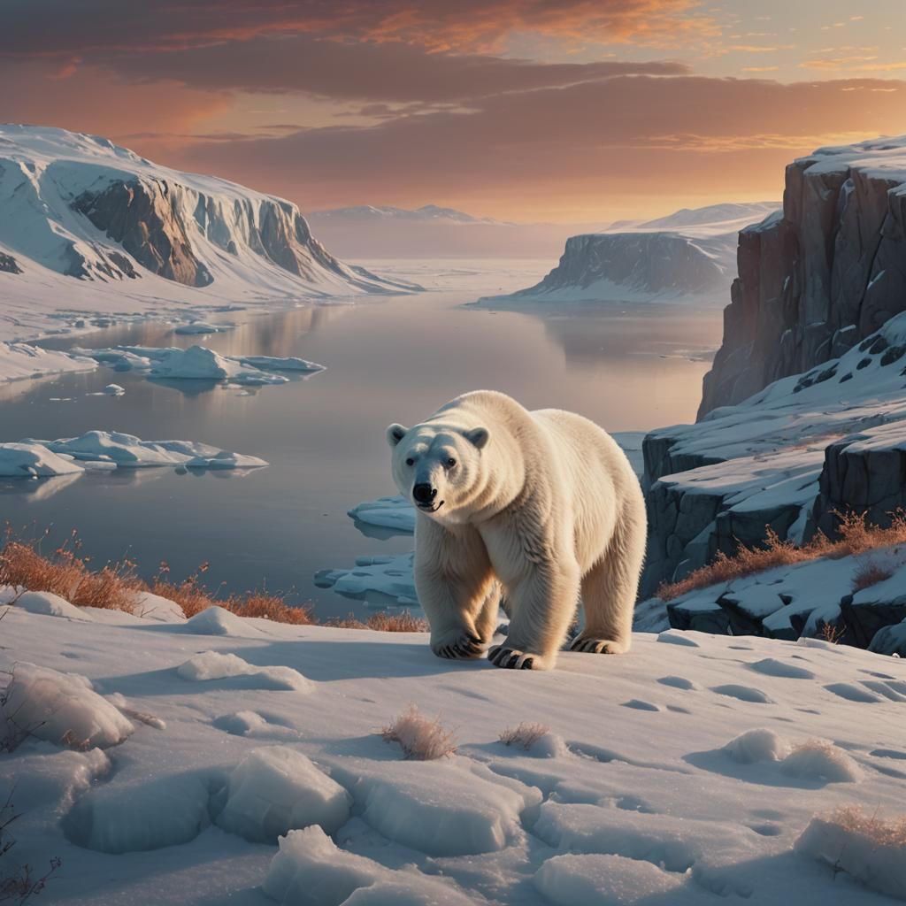 Polar Bear on Frozen Cliff at Sunset