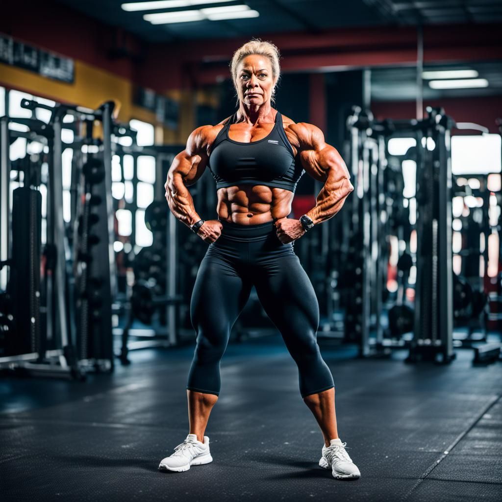 Female Bodybuilder Flexing Ripped Muscles in Gym