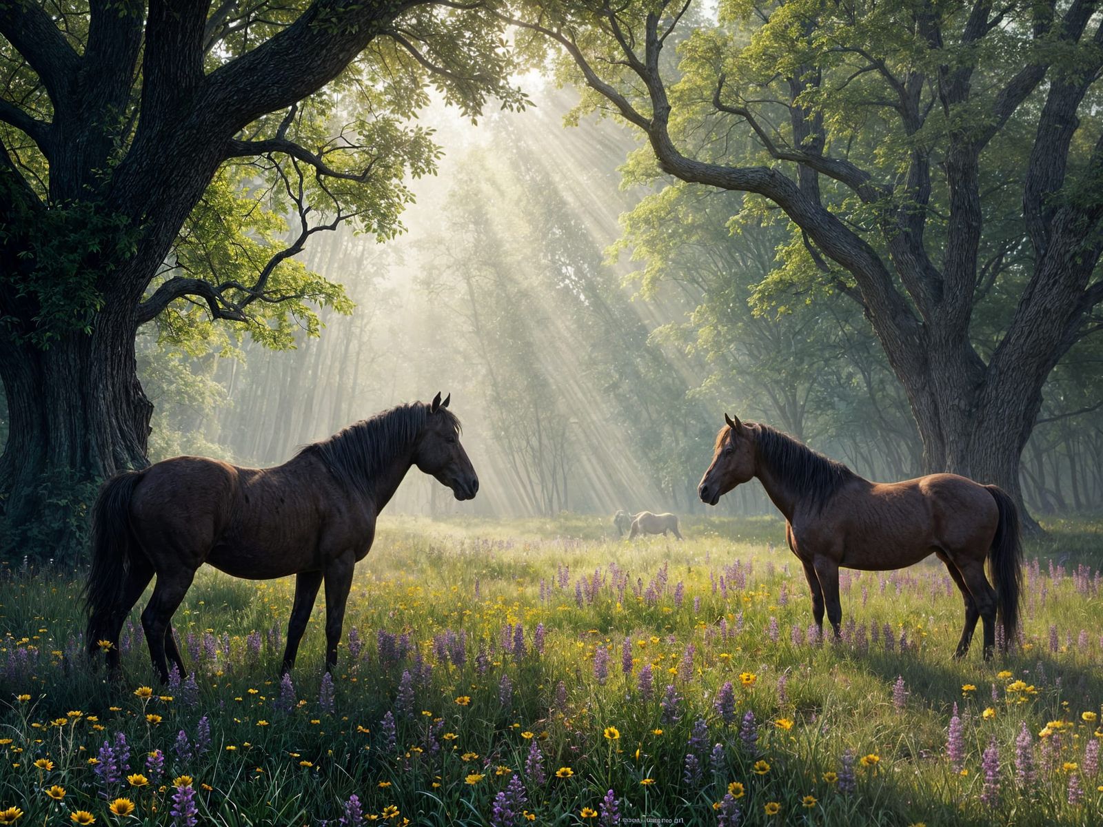Wild Horses Graze in Hyperdetailed Fantasy Landscape
